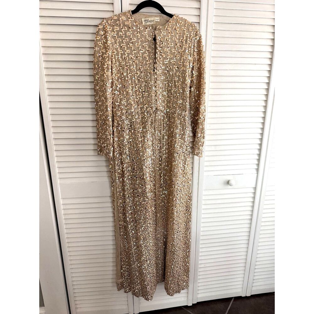 Vintage 1960s Lee Jordan Gold Sequin Maxi Duster Dress
